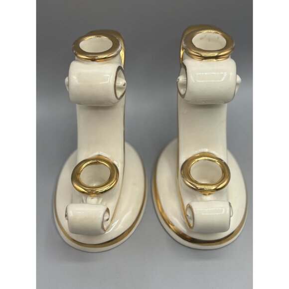 Vintage Abingdon USA Ivory Gold Ceramic Double Candle Holders Set Of 2 - Picture 4 of 6
